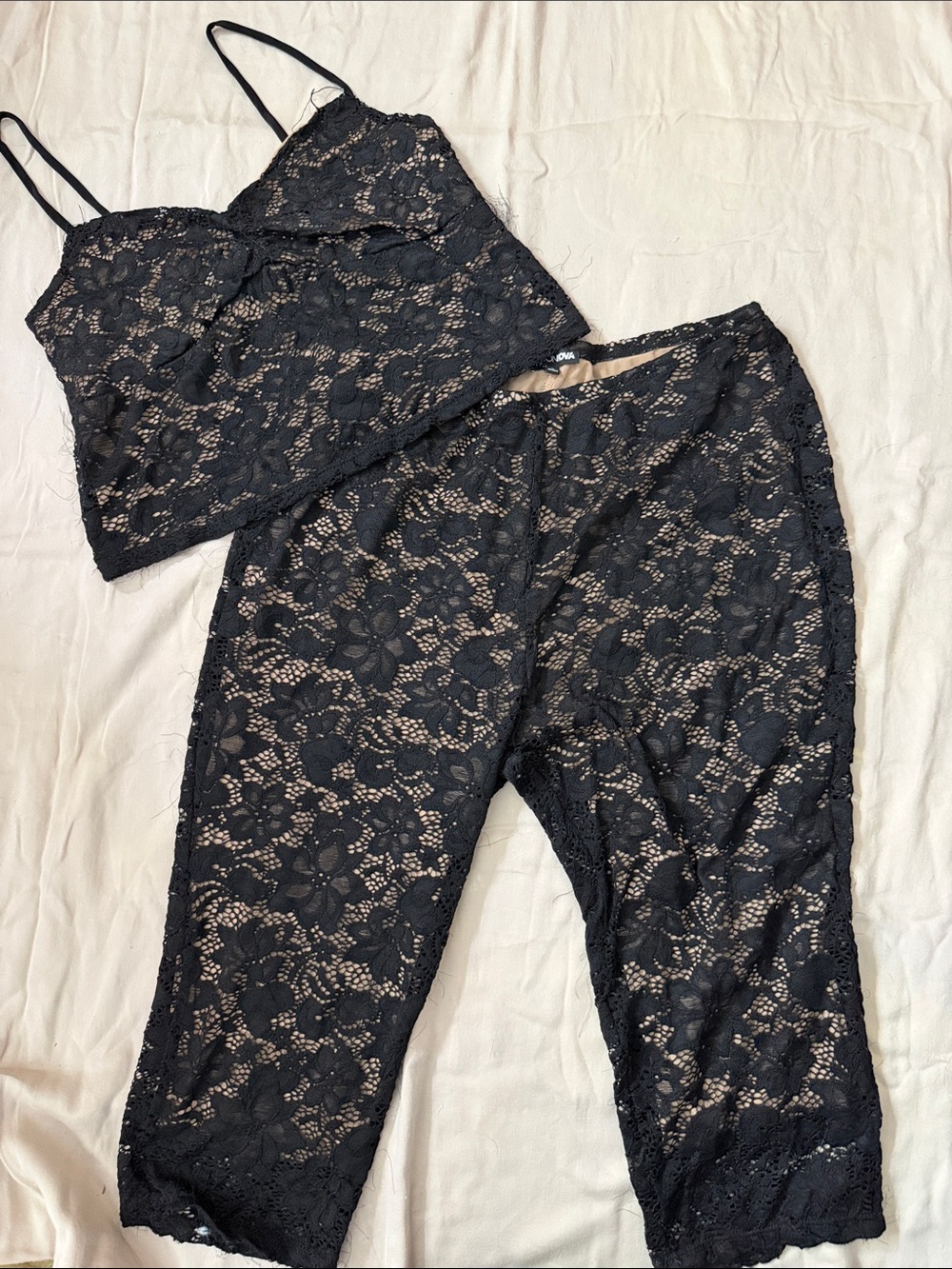 Fashion Nova Black Floral Lace Cami & Capri Set